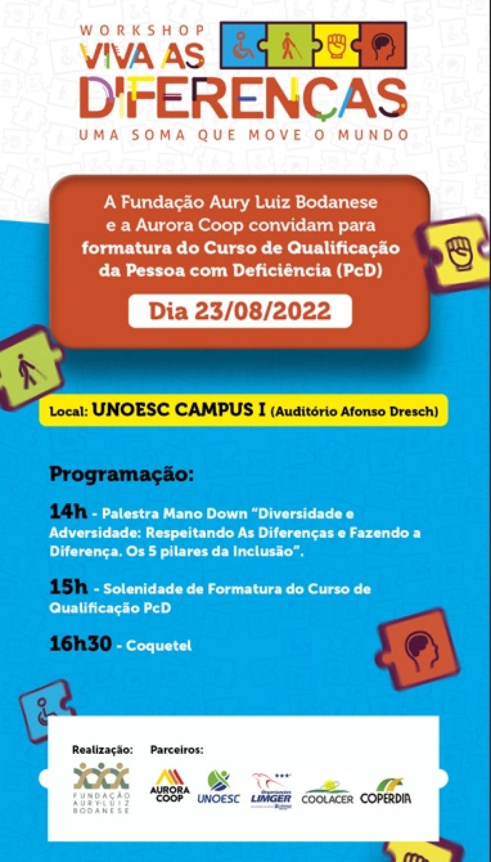 Formatura do Curso de Qualificação para PCD e Workshop Viva as Diferenças acontecerá em Joaçaba(SC)